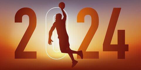 Concept du sport sur le thème du basket pour une carte de vœux 2024, montrant un basketteur sautant le bras tendu pour marquer un panier. - 664813626