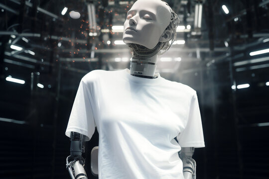 White shirt mockup, cyborg in plain white tshirt, cloting mockups, white tshirt