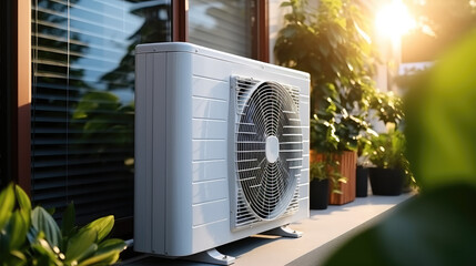 Heat pump installed outdoor a residential building. - obrazy, fototapety, plakaty