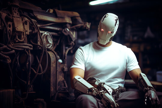White shirt mockup, cyborg in plain white tshirt, cloting mockups, white tshirt