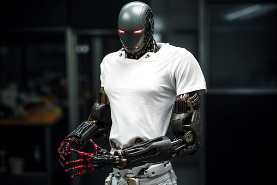 White shirt mockup, cyborg in plain white tshirt, cloting mockups, white tshirt