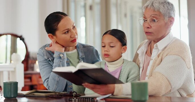 Grandmother, kid and reading bible, home religion and christian education with girl, grandmother and parent. Senior woman, family and child with holy book, learning gospel or scripture, faith or god