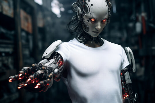 White shirt mockup, cyborg in plain white tshirt, cloting mockups, white tshirt