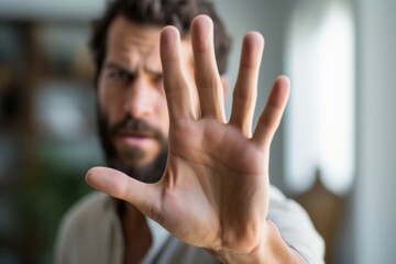 a man holding his hand up