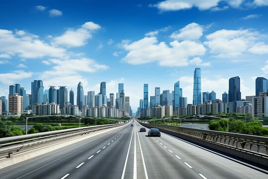 a highway with cars and a city skyline