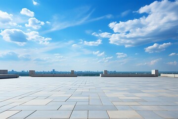 a large rooftop with a city in the background