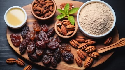 Ingredients for vegan chocolate making, raw cacao, dates, nuts, Top view.