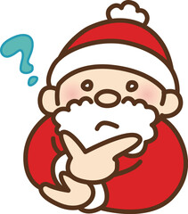 何かに疑問を持ちクエスチョンマークを浮かべるサンタクロースのイラスト
