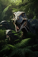 A sleek Velociraptor pack moves stealthily through a dense fern-covered underbrush, their sharp claws and eyes hinting at an imminent hunt
