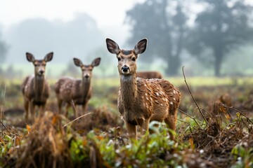 A group of deer in a field - obrazy, fototapety, plakaty