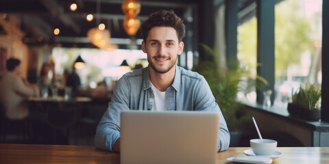 Obraz premium Young man working on a laptop freelancer or student