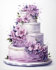 Watercolor wedding cake isolated on white background.