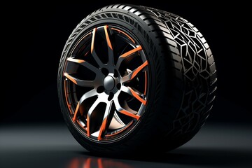 Futuristic sports car tire with intersecting wireframe rim. Generative AI