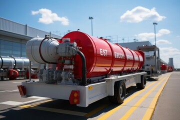a red tanker truck with white wheels