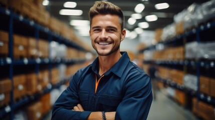 Salesman is checking supplies in a large warehouse store. - obrazy, fototapety, plakaty
