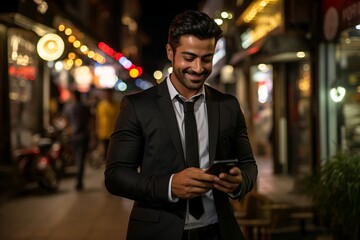 a man in a suit and tie looking at a phone