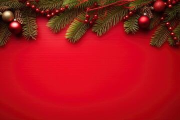 Obraz na płótnie Canvas Christmas or New Year red background with fir decor.