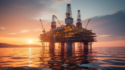 Obraz premium Petroleum production, Platform Oil drilling derricks at sea oilfield.