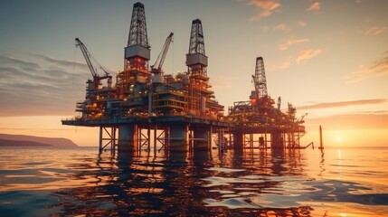 Obraz premium Petroleum production, Platform Oil drilling derricks at sea oilfield.