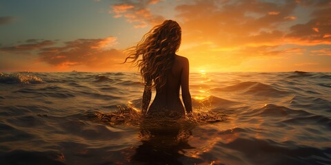 Fototapeta premium a beautiful backside of a woman with flowing blonde locks gazes at the horizon, her silhouette outlined by the radiant sunset. copy space