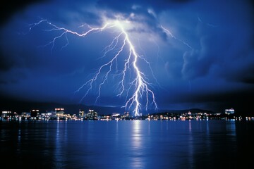 Naklejka na ściany i meble Lightning on a stormy sky. Branched thunderstorm in dark night clouds