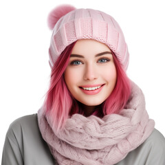 pretty young smiling woman with pink hair wearing a winter hat and a scarf isolated on a white background