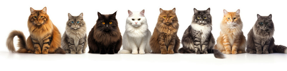 Group of cats in front of a white background. Horizontal shot. copy space. ai generative