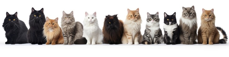 Group of cats in front of a white background. horizontal shot. copy space. ai generative