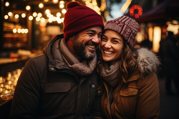 couple souriant et amoureux qui déguste un vin chaud au traditionnel marché de Noël - obrazy, fototapety, plakaty