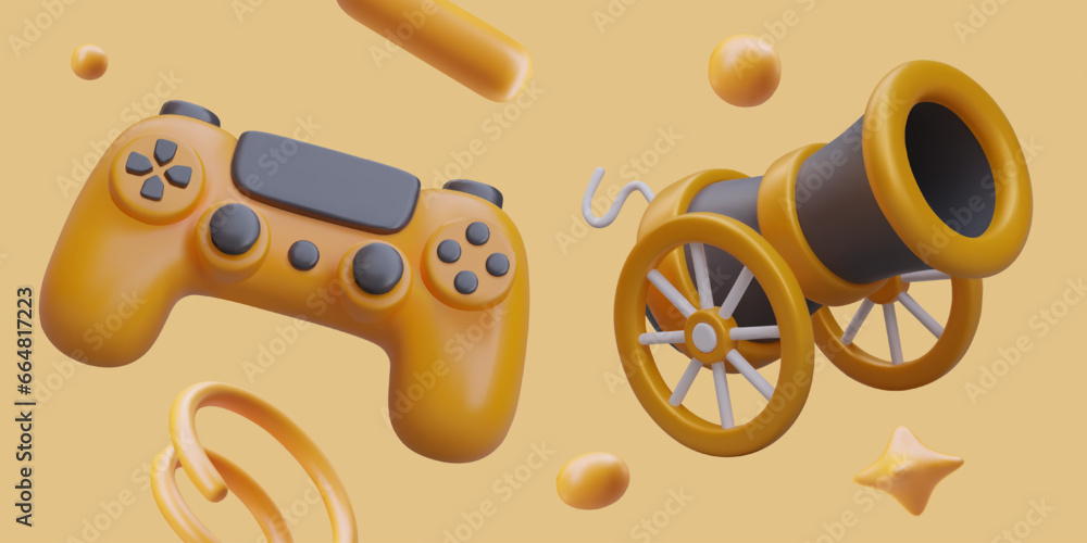 Poster colorful poster with yellow background for video computer game. weapon control and battle. 3d realis