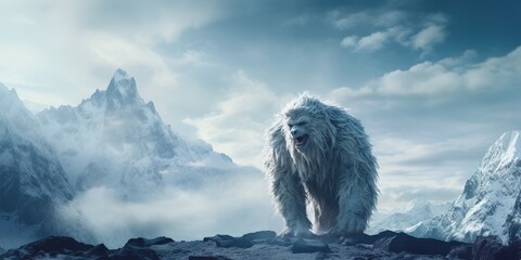 In the heart of the Himalayas, a majestic Yeti stands tall against the backdrop of snow-capped peaks, its white fur contrasting with the deep blues of the mountains, copy space - obrazy, fototapety, plakaty