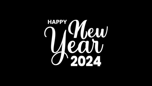 Animated Happy New Year 2024 Text in White Color. Alpha Channel and Green Screen. Happy New Year 2024 Animation