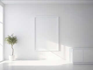 Minimalistic interior of white room with white frame, concrete floor and potted plant. 3d rendering of the layout.
