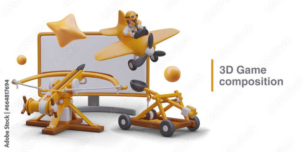 Poster 3d realistic monitor, crossbow, catapult and cartoon character flying on airplane. 3d game compositi