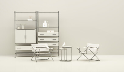 Elegant living room in the interior in pastel monochrome beige color with minimal armchair, shelf decor. 3D rendering for web page, presentation or picture frame backgrounds, stage, fashion