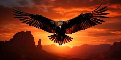 The silhouette of a Thunderbird, its feathered form dramatically backlighted by a fiery sunset, with shadows of mountains in the horizon - obrazy, fototapety, plakaty