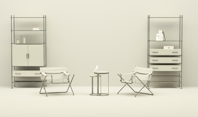 Elegant living room in the interior in pastel monochrome beige color with minimal armchair, shelf decor. 3D rendering for web page, presentation or picture frame backgrounds, stage, fashion