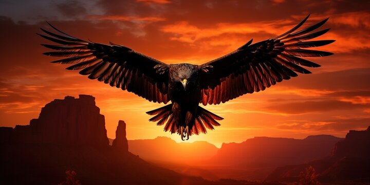 The silhouette of a Thunderbird, its feathered form dramatically backlighted by a fiery sunset, with shadows of mountains in the horizon