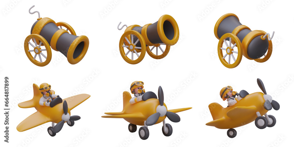 Aufkleber cannon gun and pilot in vintage airplane. object in different positions. set of vector game illustra