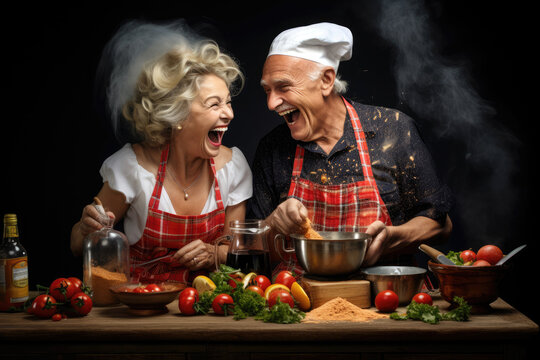 An Elderly Couple Cooking Together And Having Fun