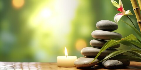 spa services with energising candles and pebbles, in the style of metaphysical narratives. generative AI