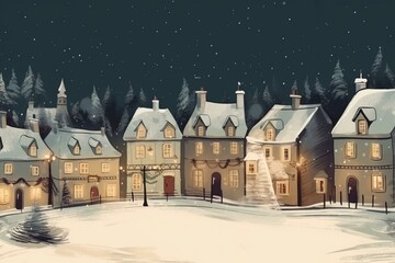Illustration of a magical village during Christmas in a snowy town. Generative AI