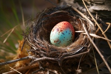 Fototapeta na wymiar Colorful egg resting on nest signifies the arrival of spring. Generative AI