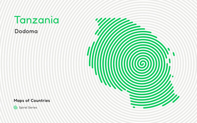 Abstract Map of Tanzania in Circle Spiral Pattern with a Capital of Dodoma. African Set.
