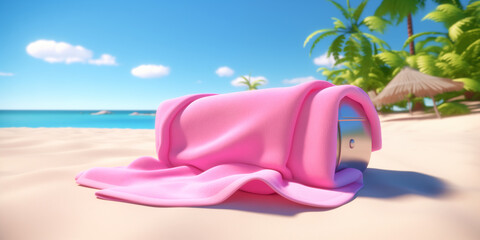 A pink device covered with a towel on a sea beach. Unusual apparatus covered with pink colored cloth on the ocean. A travel device hidden under a pink blanket on a seaside beach. Pink beach towel