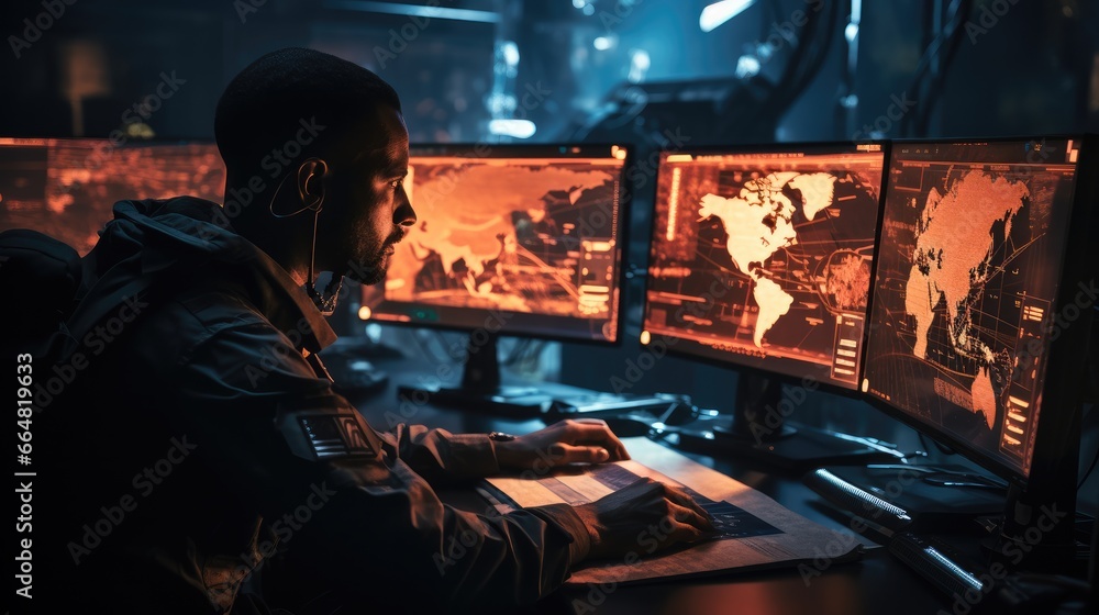 Poster Soldier working on a tactical screen inside the command center.