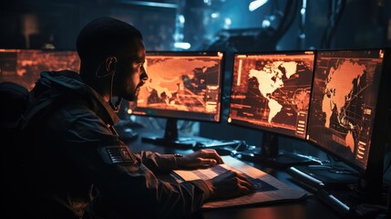 Obraz premium Soldier working on a tactical screen inside the command center.