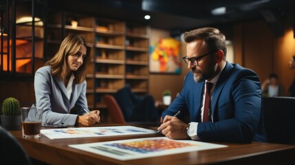 Two colleagues are sitting at the meeting room and discussing charts and statistics, Business concept.