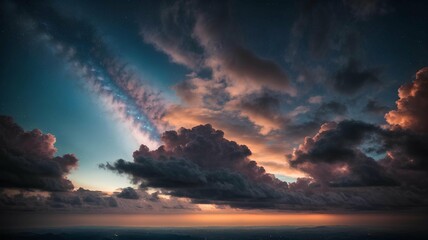 Fototapeta premium Cloudy well shaped sky landscape. Background of a beautiful morning sky with low lights. Combination of indigo, blue and light yellow colors.