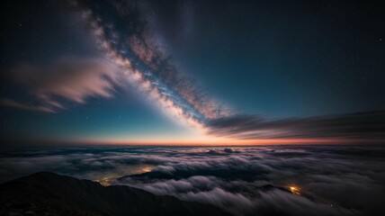 Fototapeta premium Cloudy well shaped sky landscape. Background of a beautiful morning sky with low lights. Combination of indigo, blue and light yellow colors.